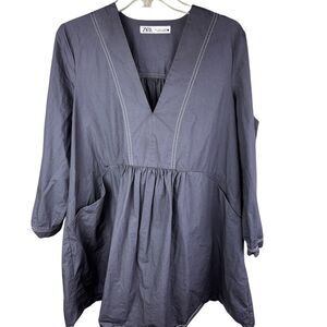 ZARA Mini A-Line Dress Womens Size Large Gray V Neck Pockets